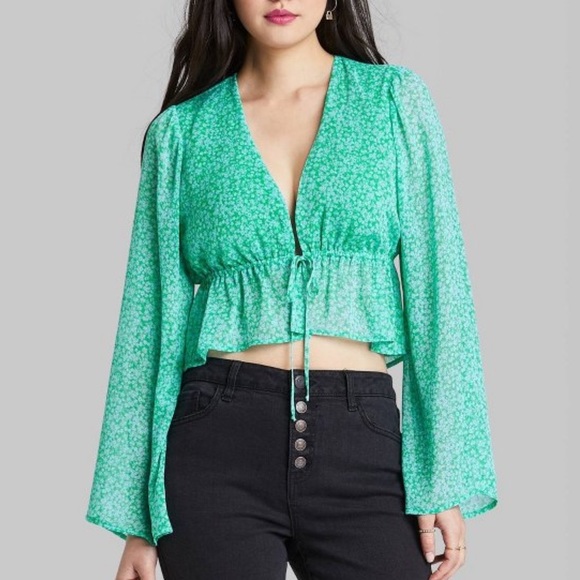 Womens Long Sleeve Tie Front Woven Top Wild Fable - Picture 2 of 5